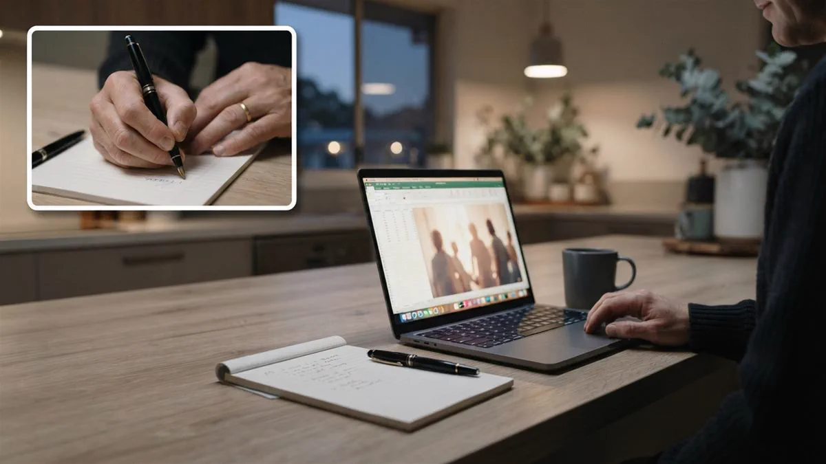 A laptop on a kitchen bench showing an account summary, with a notepad beside it